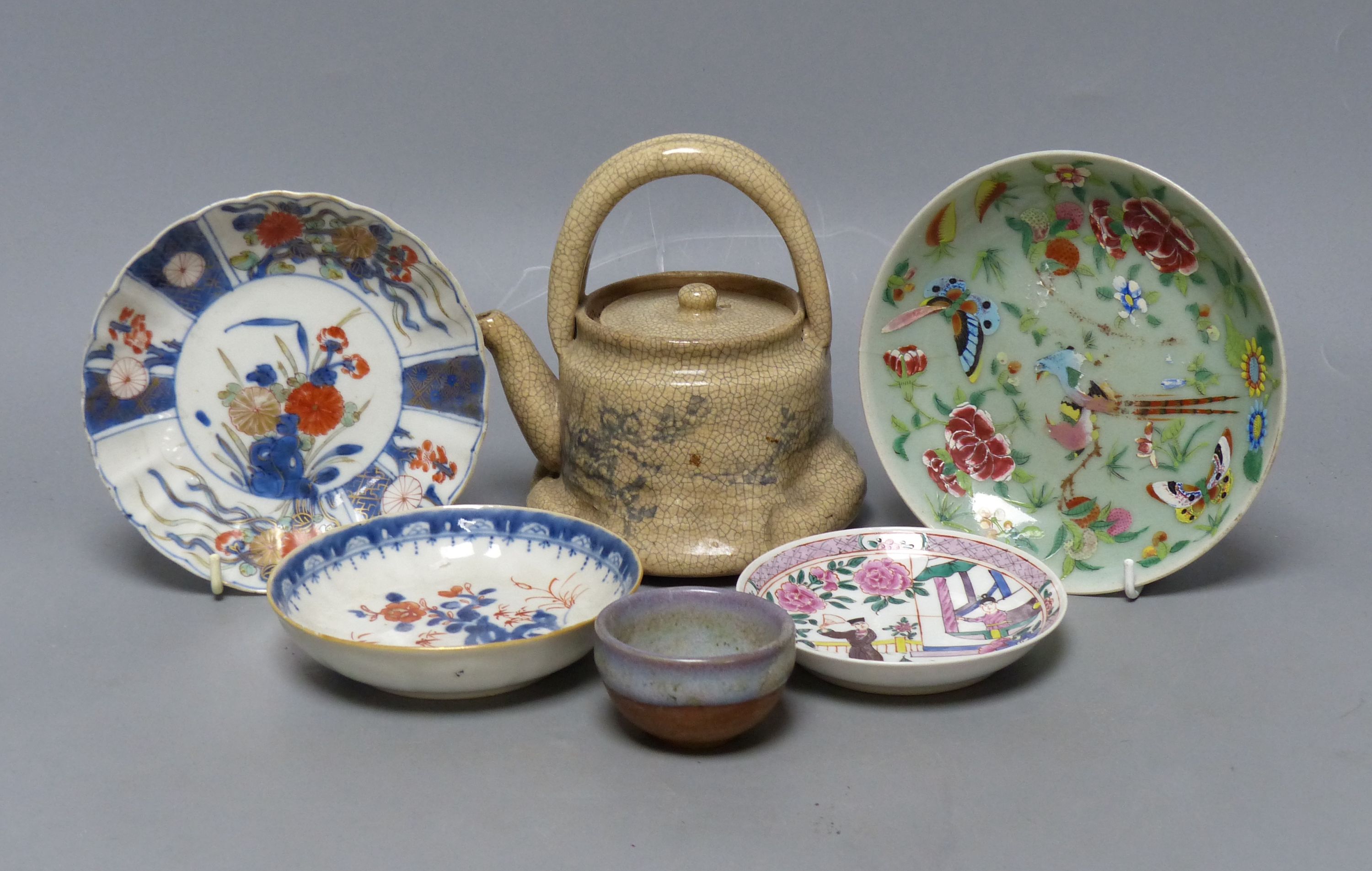 Chinese Imari pattern dishes, two others, a teapot, height 15cm, and a pottery bowl